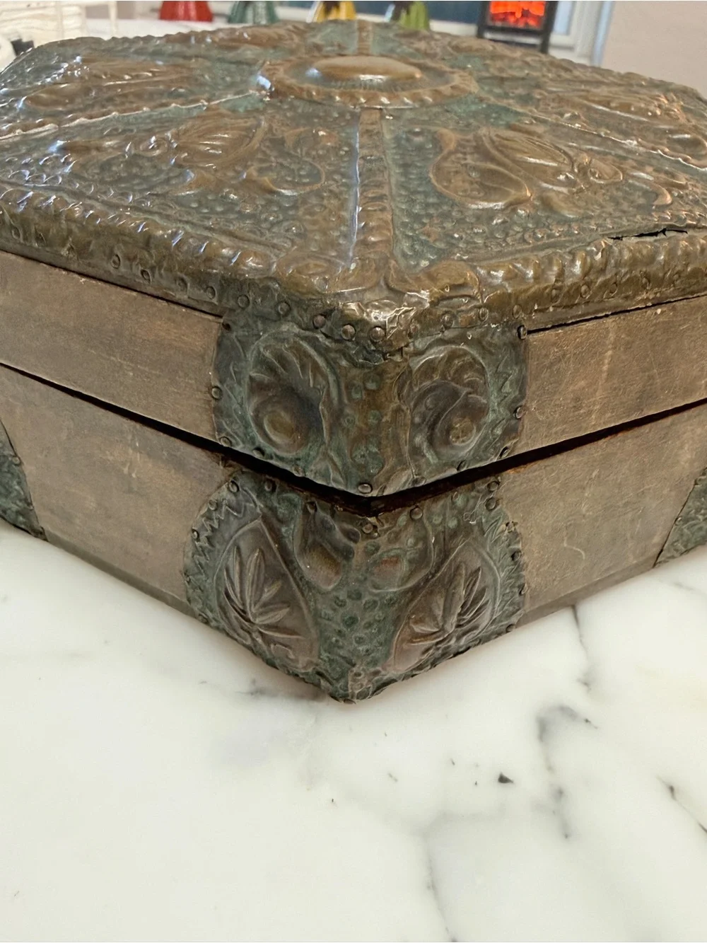 Antique Brass & Wood Ornate Hexagonal Decorative Trinket Box from Czech Republic